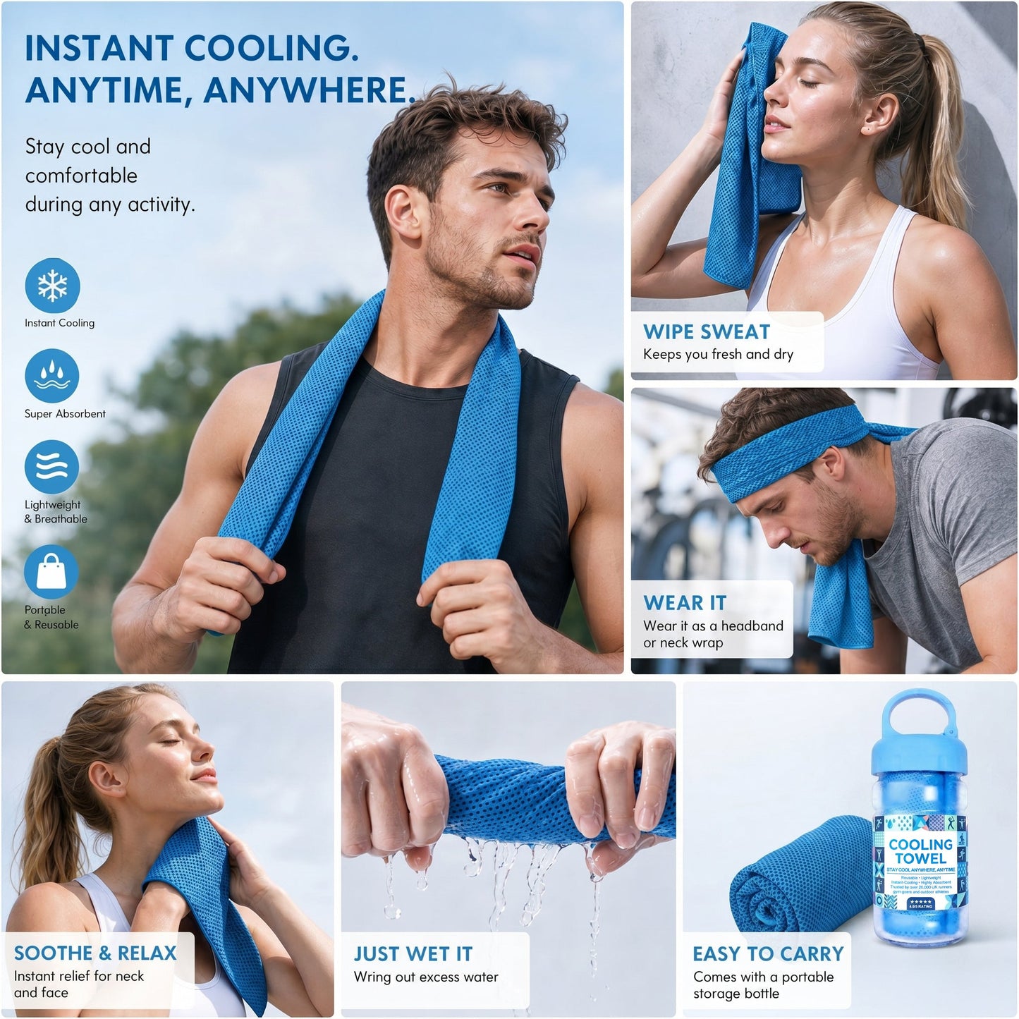 ⏰❄️Last Day Buy 1 Get 1 Free (Each only ￡3.99)☀️Cold Sweat Towel You Can Use Anywhere, Anytime! Reusable Soft Absorbent Cooling Portable