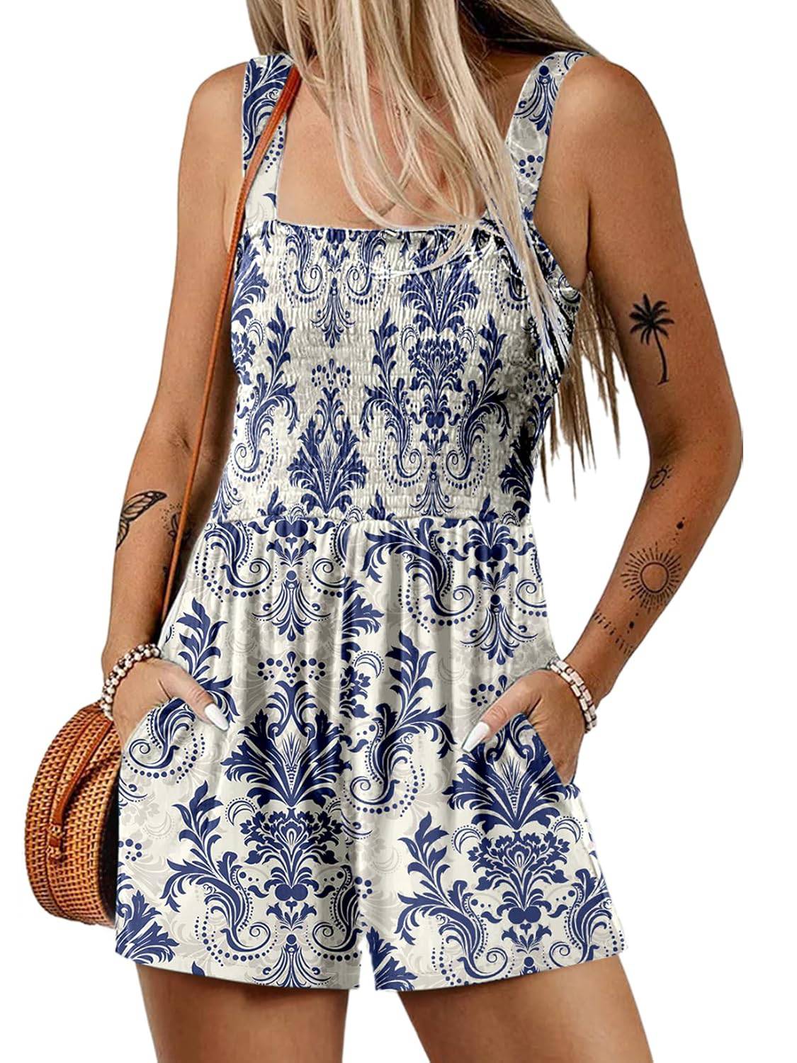 ⏰Hot Sale 49% Off💃Women's Summer Square Neck Sleeveless Loose Casual Short Smocked Romper✨