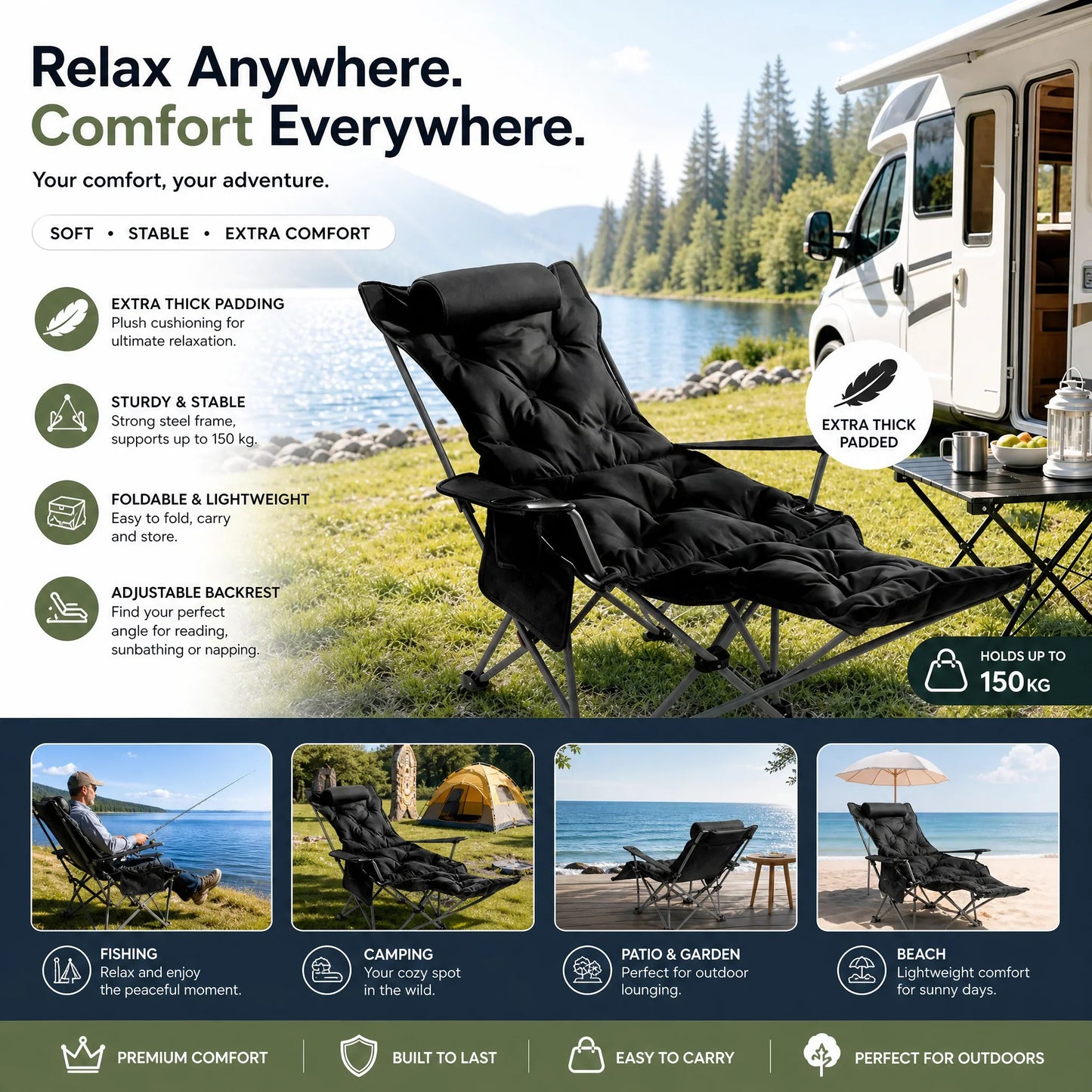 🪑 Portable Adjustable Folding Outdoor Chair – Lightweight, Sturdy & Versatile – Ideal for the Garden, Camping, the Beach, or the Patio – Easy to Carry and Set Up 🏕️✨
