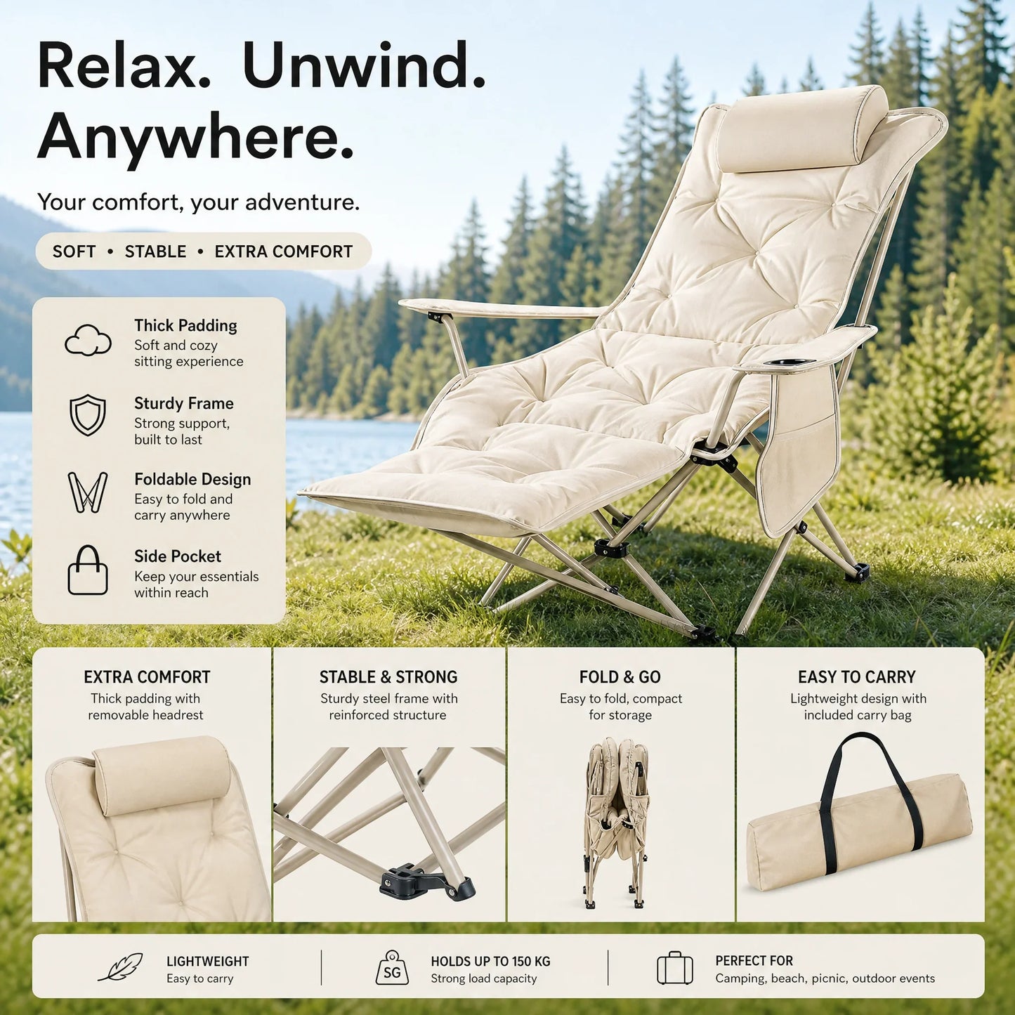🪑 Portable Adjustable Folding Outdoor Chair – Lightweight, Sturdy & Versatile – Ideal for the Garden, Camping, the Beach, or the Patio – Easy to Carry and Set Up 🏕️✨