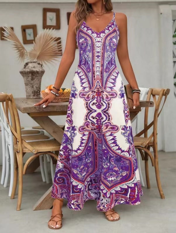 ⏳LAST DAY SALE: ONLY ￡12.99!!🎁Women’s Retro Print V-Neck Sleeveless Maxi Dress