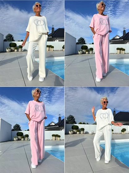 ⏳Limited offer70% OFF ⏰Casual two-piece set for women, plain top and loose trousers