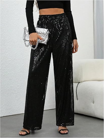 💖LAST DAY SALE 65% OFF💃Women's Sequin Sparkle Wide Leg Pants with Elastic Waistband