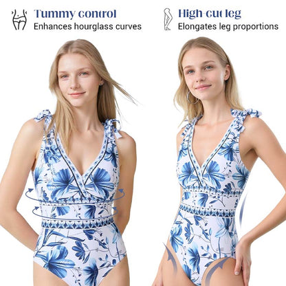 💥 Special Sale 50% OFF💥 V Neck Lace Up Printed One Piece Swimsuit and Skirt