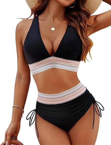 🔥Last Day Special Price £12.99!!💥-👙High Waisted Tummy Control Color Block Bikini Sets