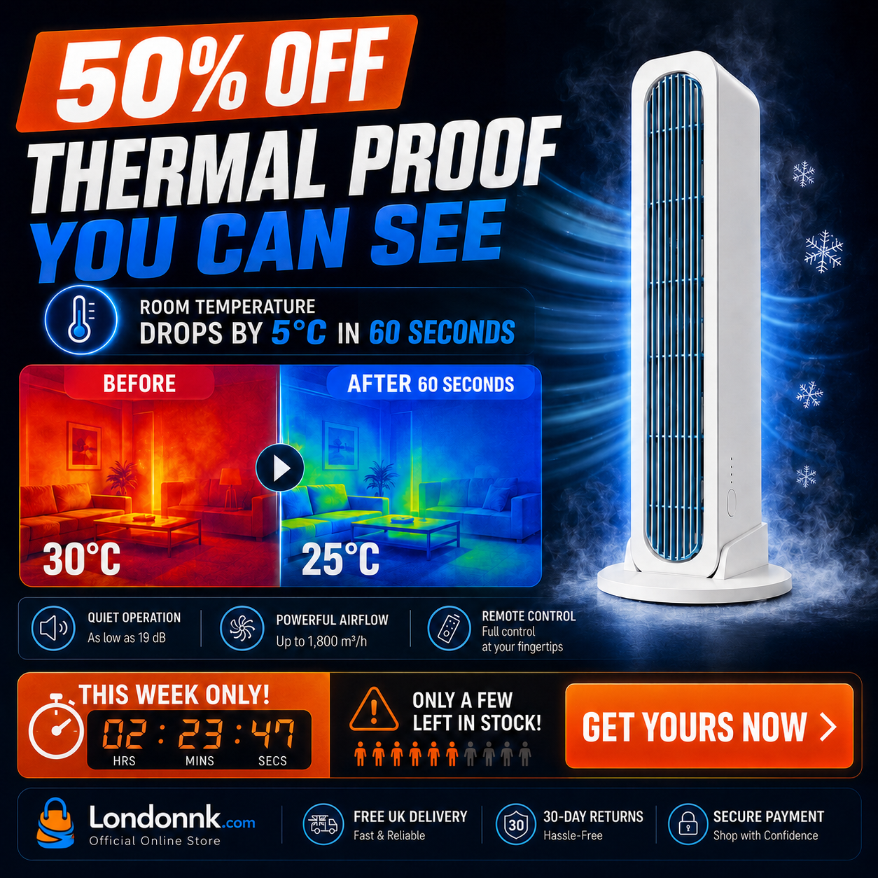 ❄️【Cool the Entire Room in 90 Seconds】Tower Fan—an air conditioner that can be used in both upright and horizontal positions