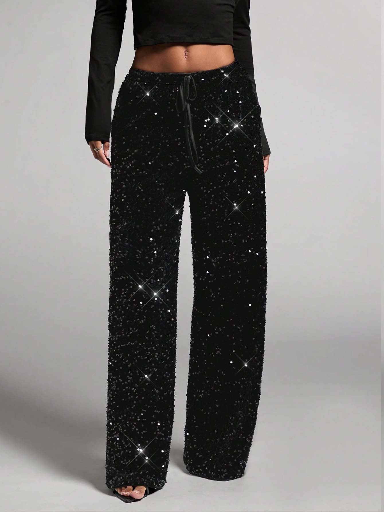 💖LAST DAY SALE 65% OFF💃Women's Sequin Sparkle Wide Leg Pants with Elastic Waistband
