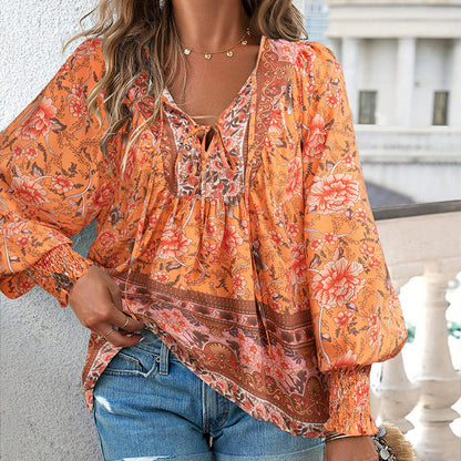 💖Limited time 49% OFF💖Women's Fashion Printed v-Neck Long Sleeve Shirt