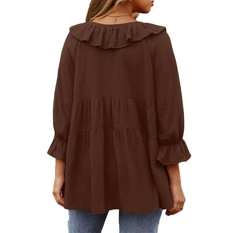 Women's 3/4 Sleeve Tie Front Ruffle Tiered Shirts