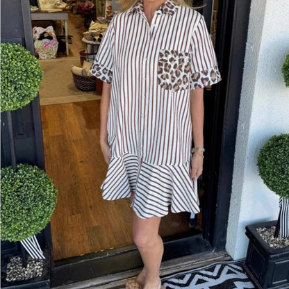 Women's Fashion Striped Patchwork Leopard Print Shirt Dresses