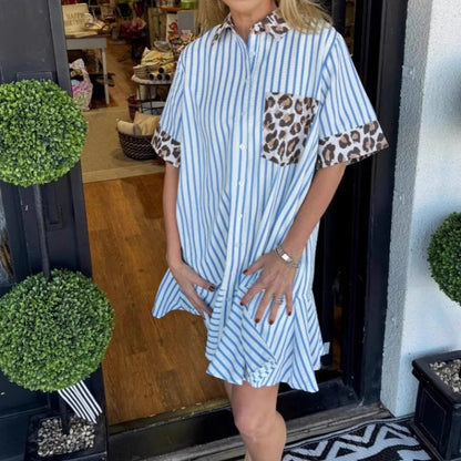Women's Fashion Striped Patchwork Leopard Print Shirt Dresses