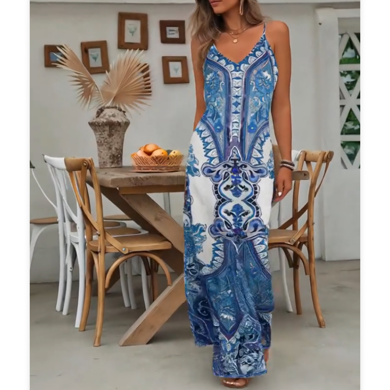 ⏳LAST DAY SALE: ONLY ￡12.99!!🎁Women’s Retro Print V-Neck Sleeveless Maxi Dress