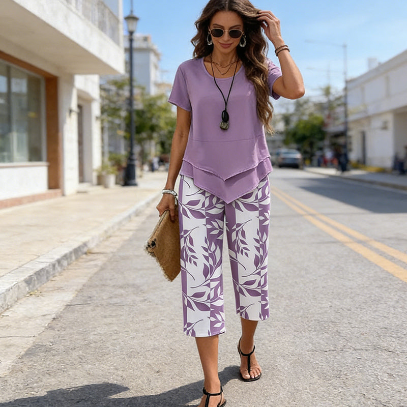 👗LIMITED-TIME 50% OFF! 🍃 Casual 2-Piece Set – Layered Tunic Top & Printed Wide-Leg Pants, Lightweight Polyester 🌸