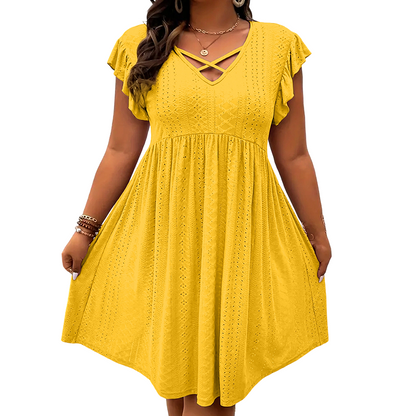 Women's Criss-Cross V-Neck Flutter Sleeve Flowy Dress